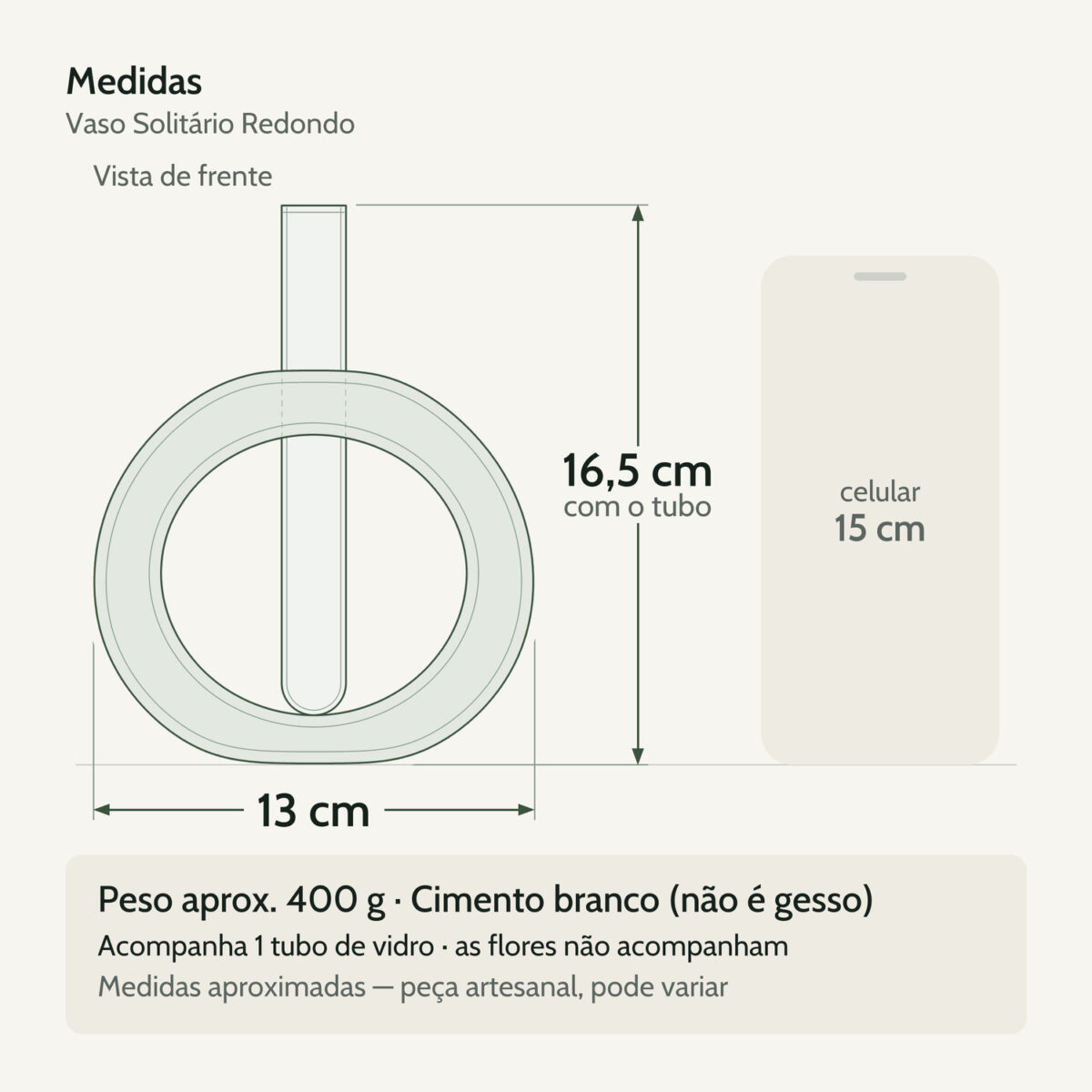 Medidas — Vaso Decorativo Solitário Redondo 16,5cm Artesanal em Cimento
