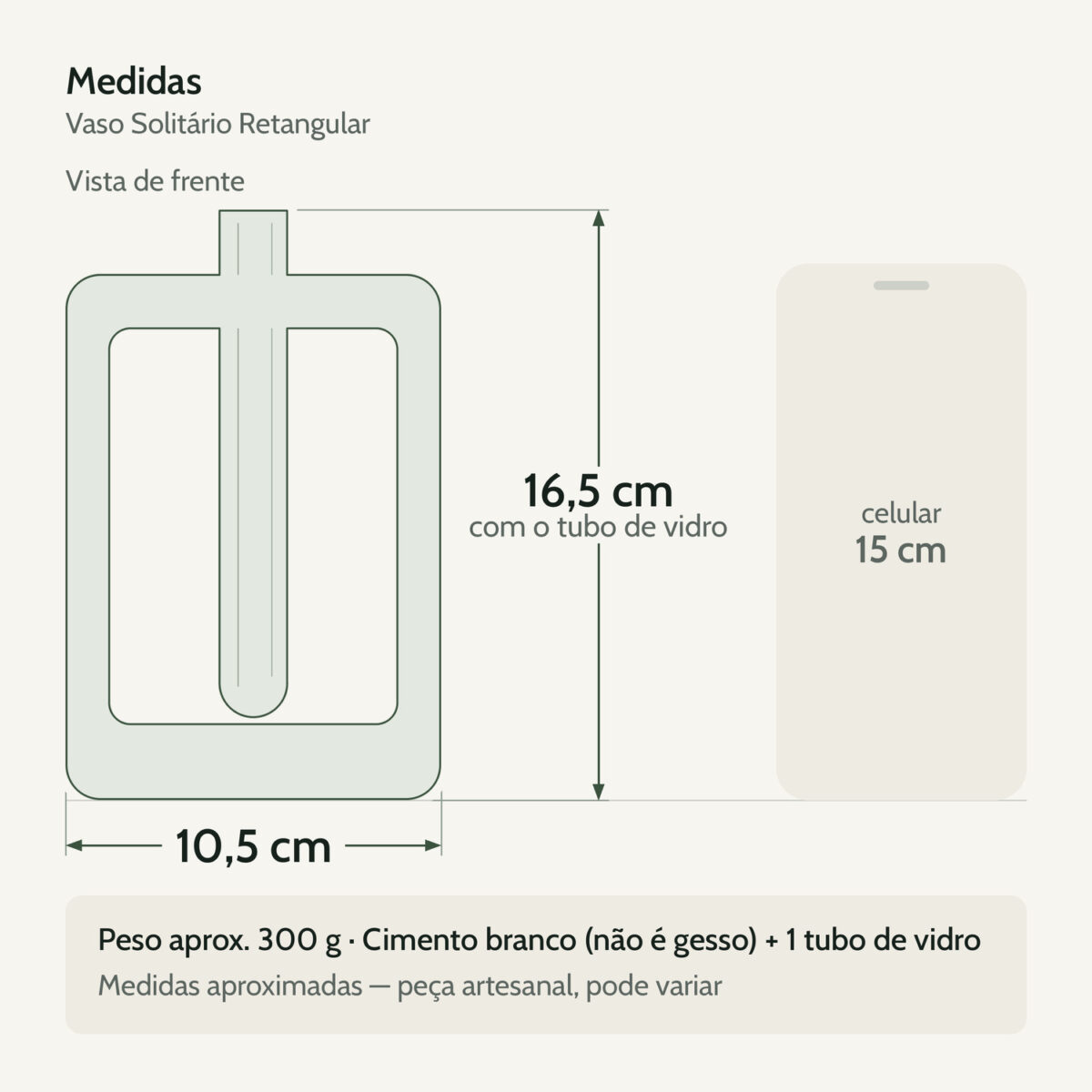 Medidas — Vaso Solitário Retangular de Cimento Branco Artesanal Medidas — Vaso Solitário Retangular de Cimento Branco Artesanal