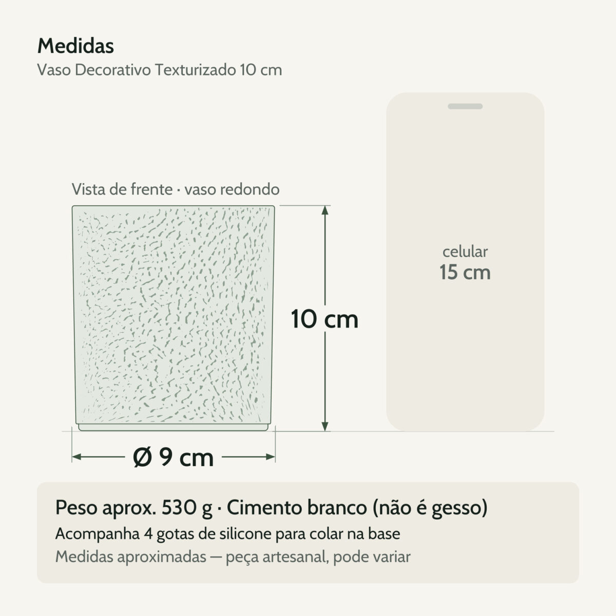 Medidas — Vaso Decorativo Texturizado 10cm em Cimento Artesanal