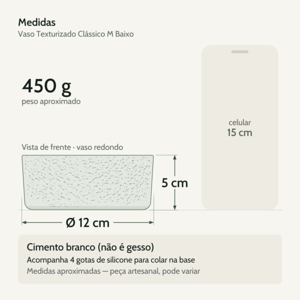 Medidas — Vaso Texturizado Clássico M Baixo Artesanal 5,5×12,5cm Em Cimento Branco