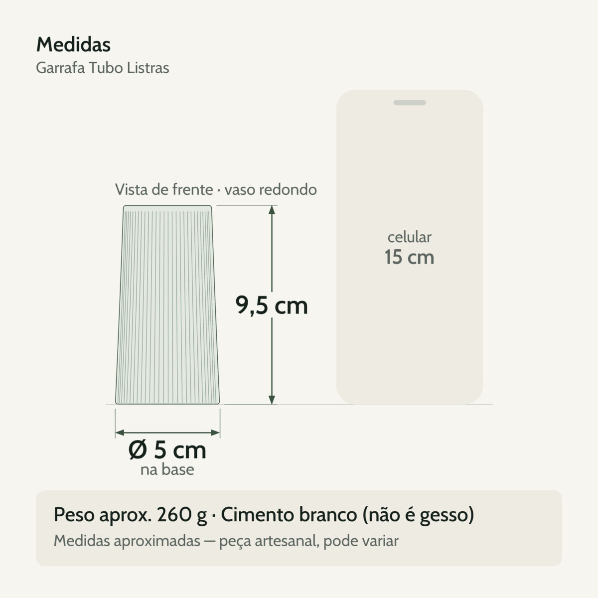 Medidas — Garrafa Tubo Listras 9,5cm em Cimento Artesanal