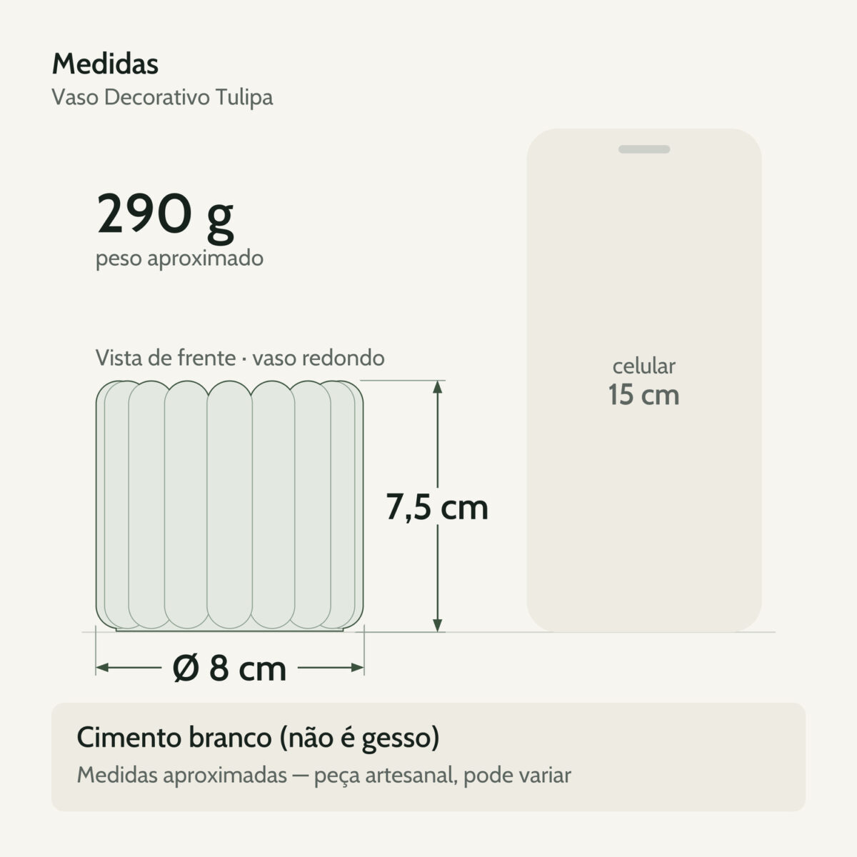 Medidas — Vaso Decorativo Tulipa 8cm Artesanal em Cimento