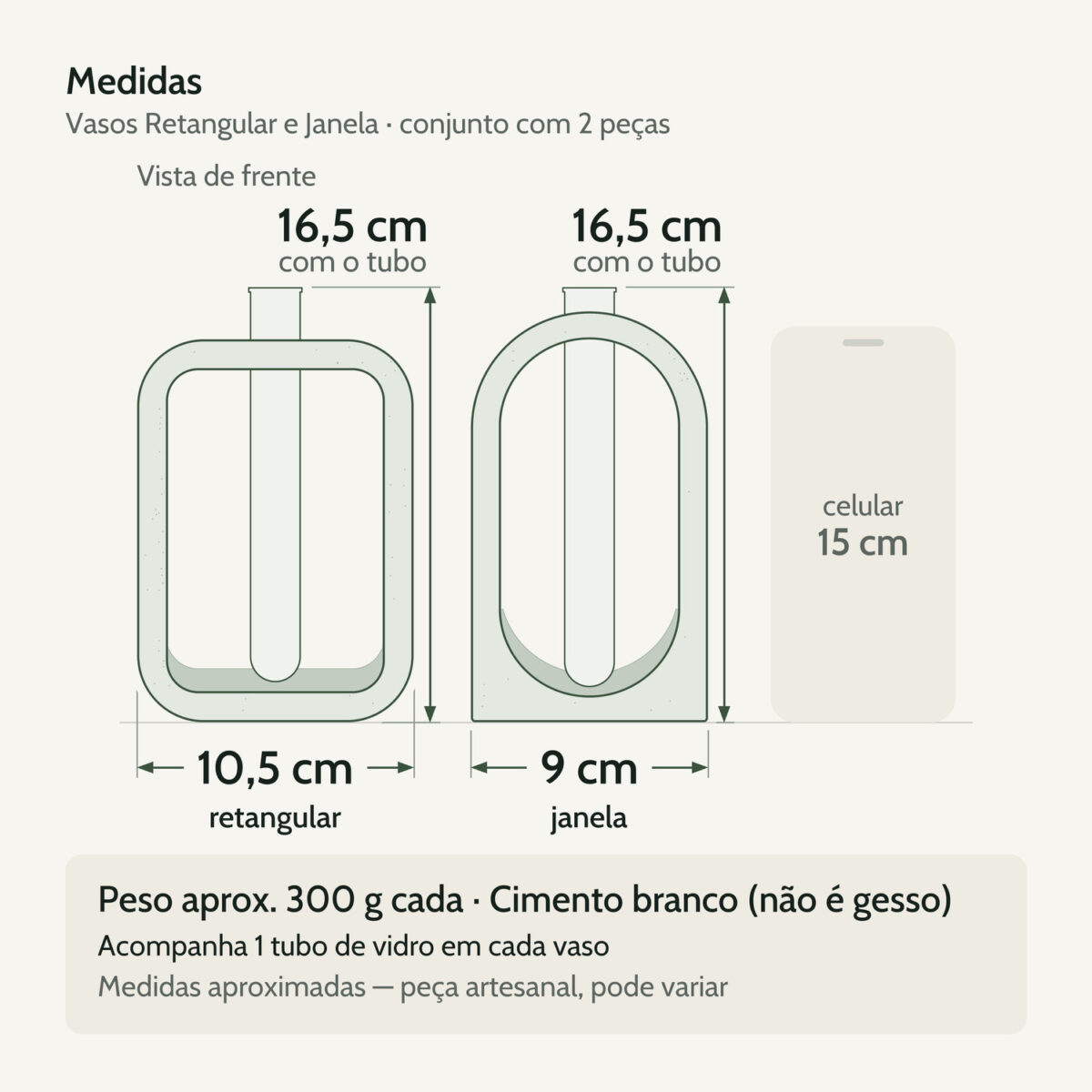 Medidas — Vasos Decorativos de Cimento Branco Retangular com Janela