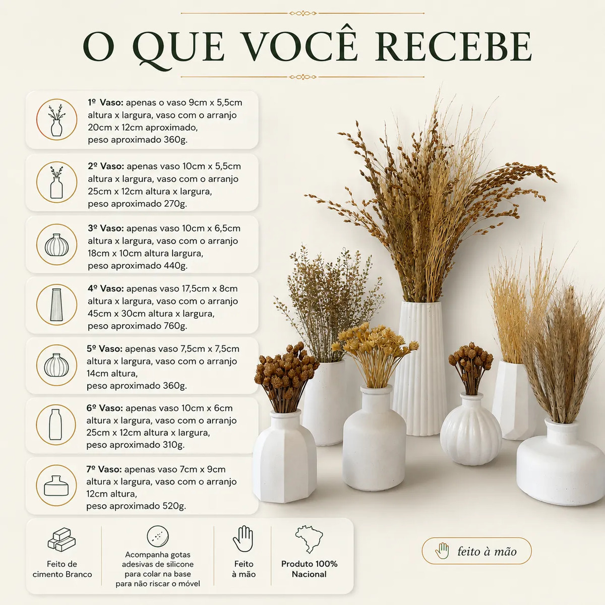 Conjunto Oásis 7 Peças: Vasos com Arranjos de Flores Secas
