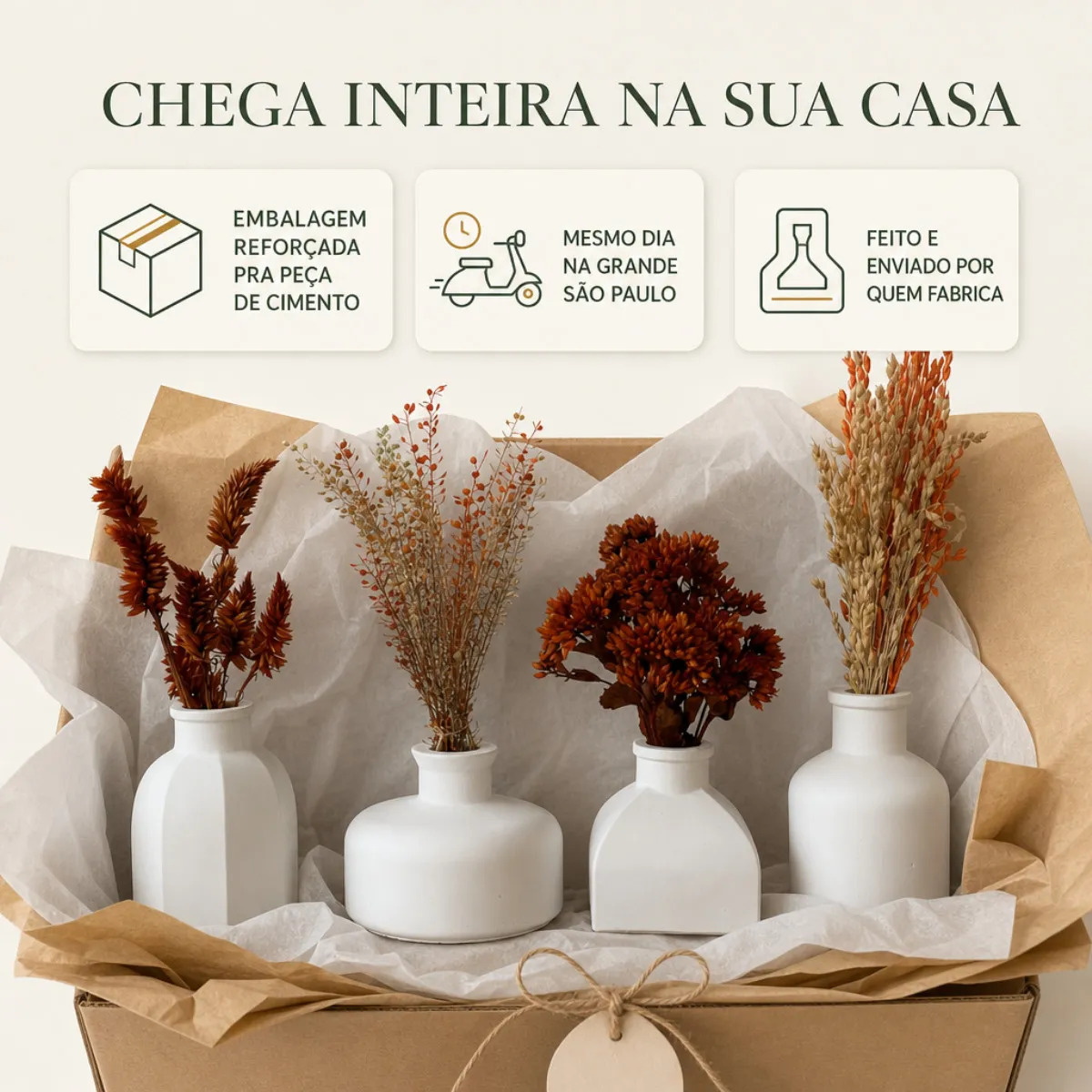 Conjunto Essenza 4 Peças: Vasos com Arranjos de Flores Secas