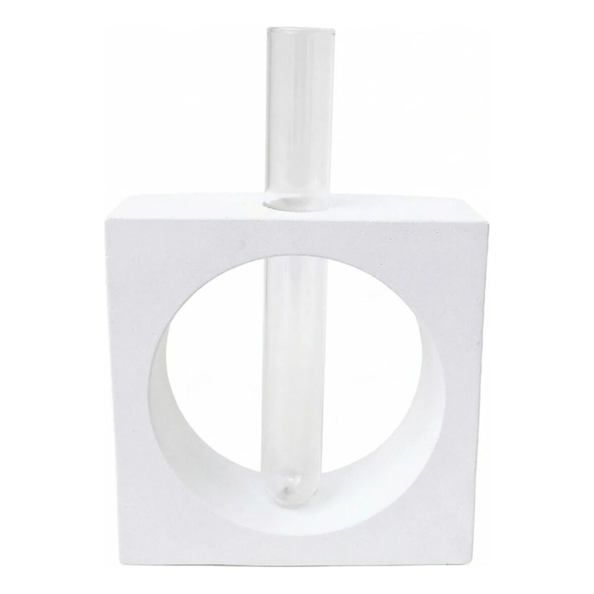 Vaso Cubo Decorativo Branco com Tubo de Vidro Solitário