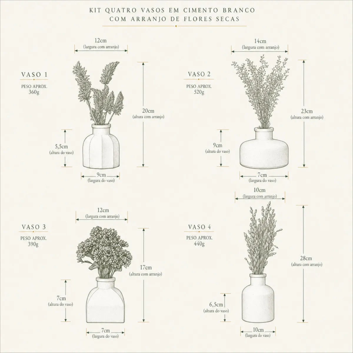 Conjunto Essenza 4 Peças: Vasos com Arranjos de Flores Secas