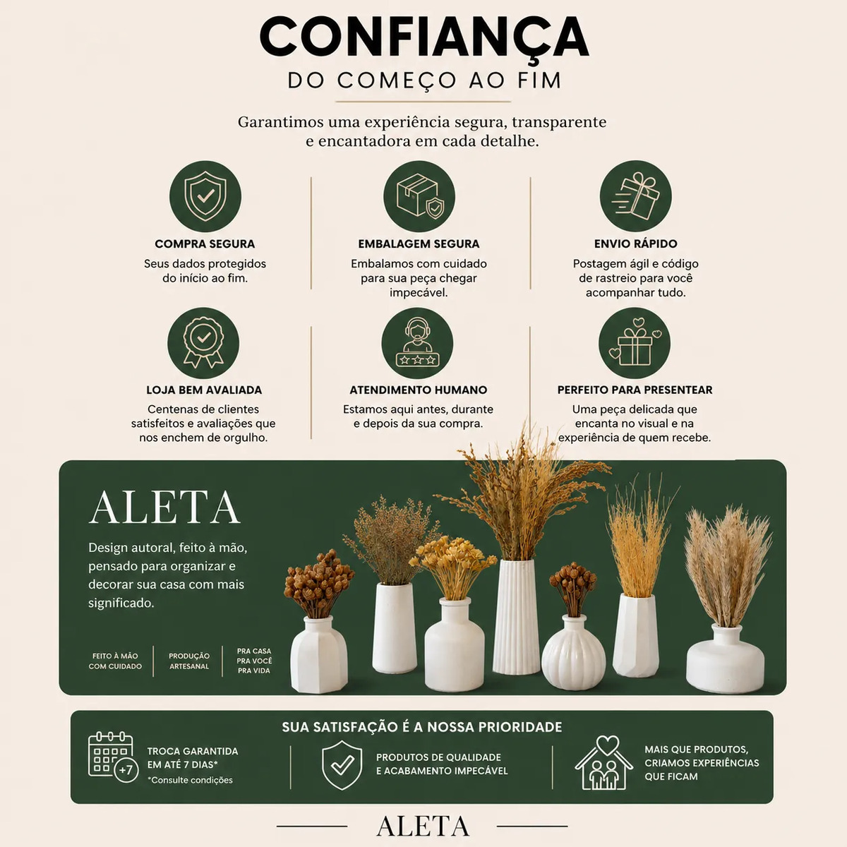 Conjunto Oásis 7 Peças: Vasos com Arranjos de Flores Secas