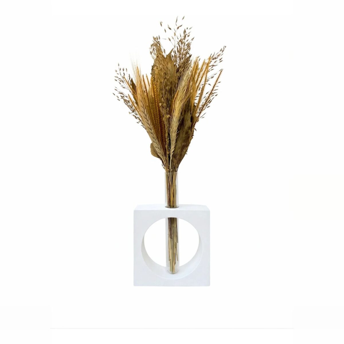 Vaso Cubo Decorativo Branco com Tubo de Vidro Solitário