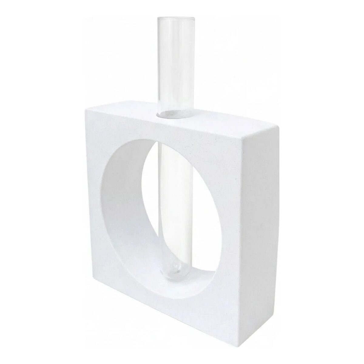 Vaso Cubo Decorativo Branco com Tubo de Vidro Solitário