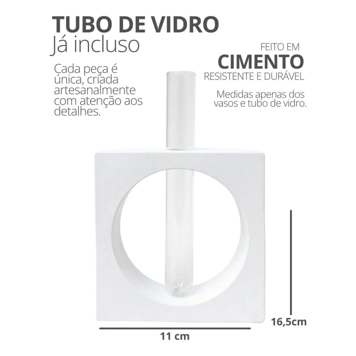 Vaso Cubo Decorativo Branco com Tubo de Vidro Solitário