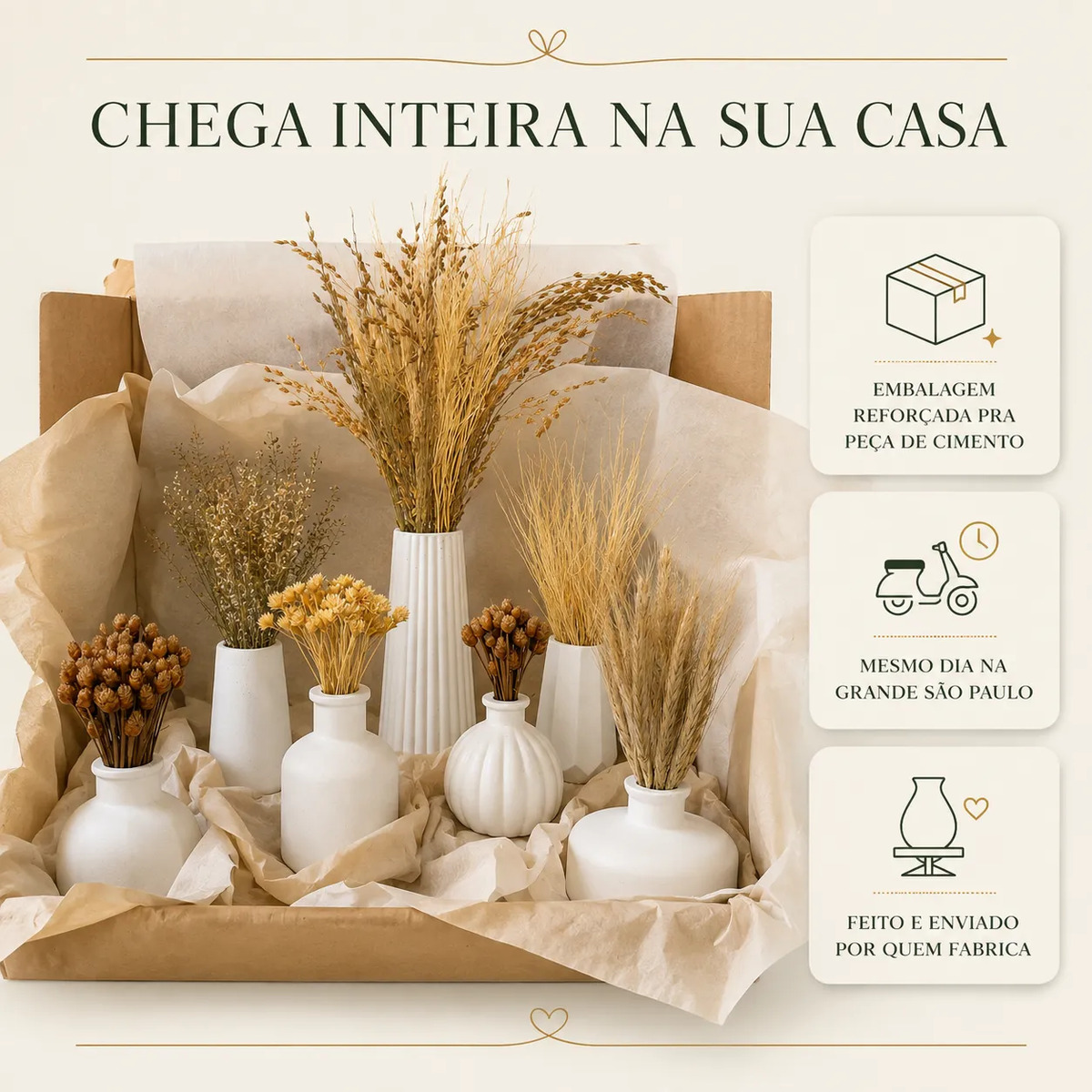 Conjunto Oásis 7 Peças: Vasos com Arranjos de Flores Secas