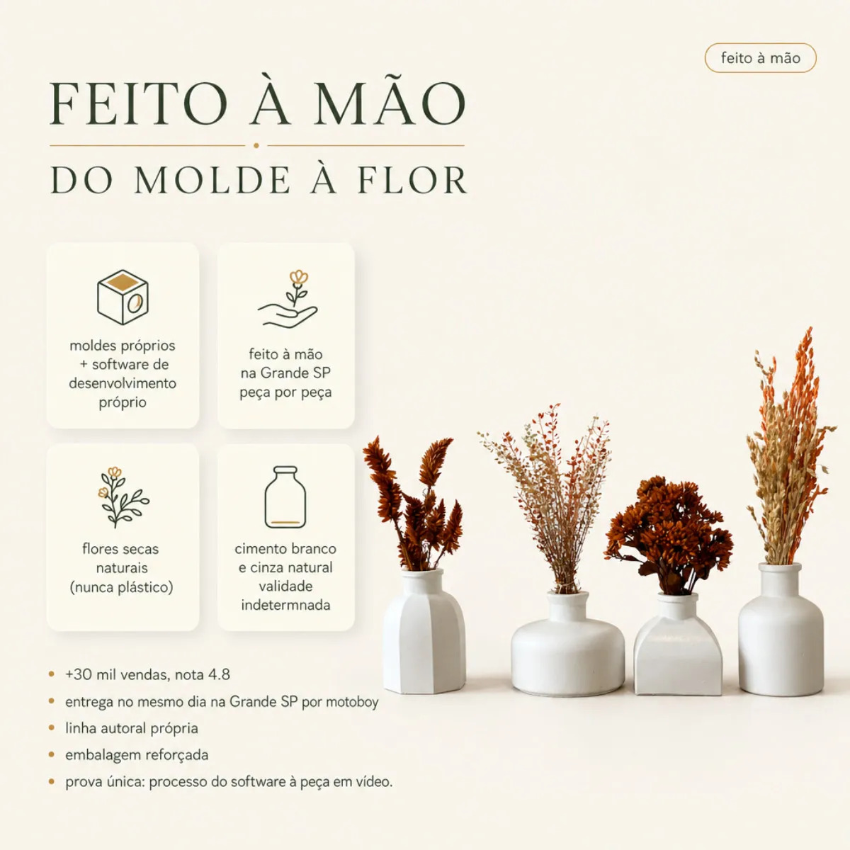 Conjunto Essenza 4 Peças: Vasos com Arranjos de Flores Secas