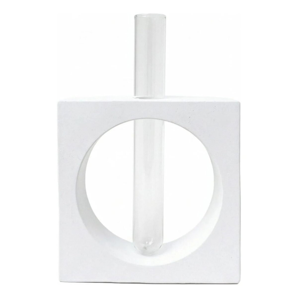 Vaso Cubo Decorativo Branco com Tubo de Vidro Solitário