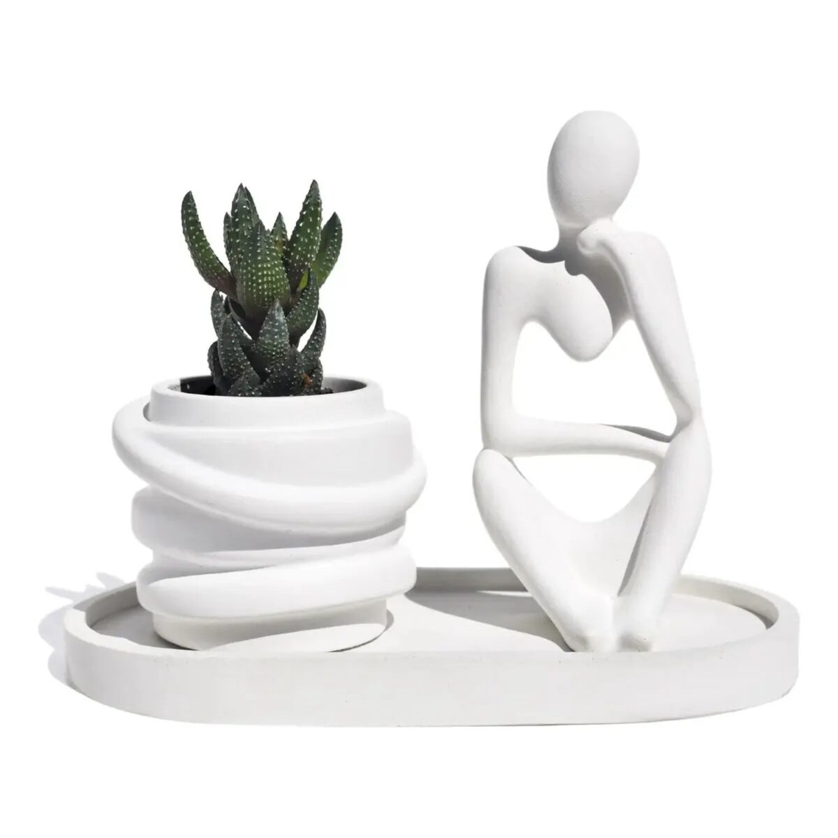 Conjunto Decorativo Pensadora com Vaso e Bandeja em Cimento Branco