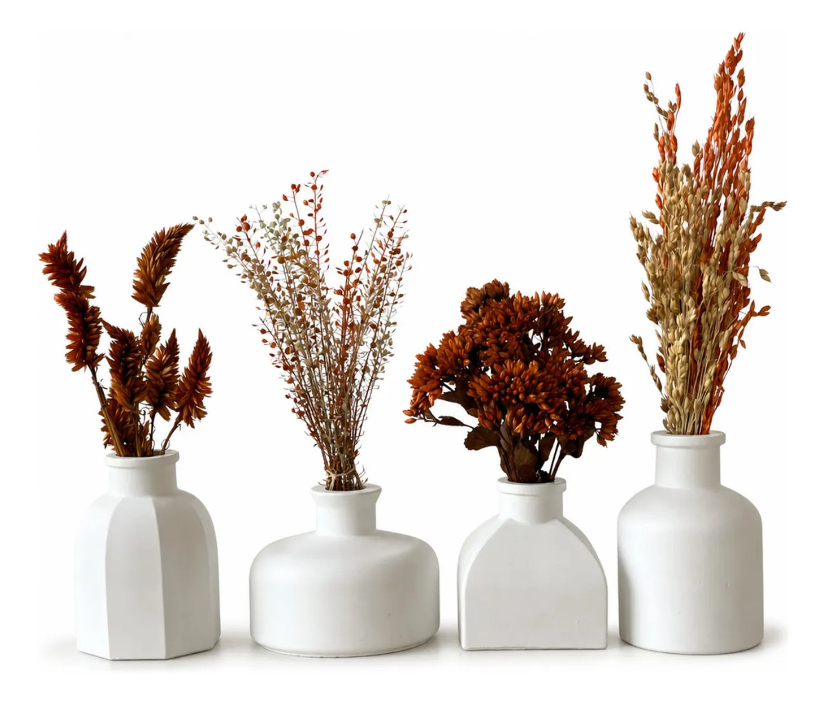 Conjunto Essenza 4 Peças: Vasos com Arranjos de Flores Secas