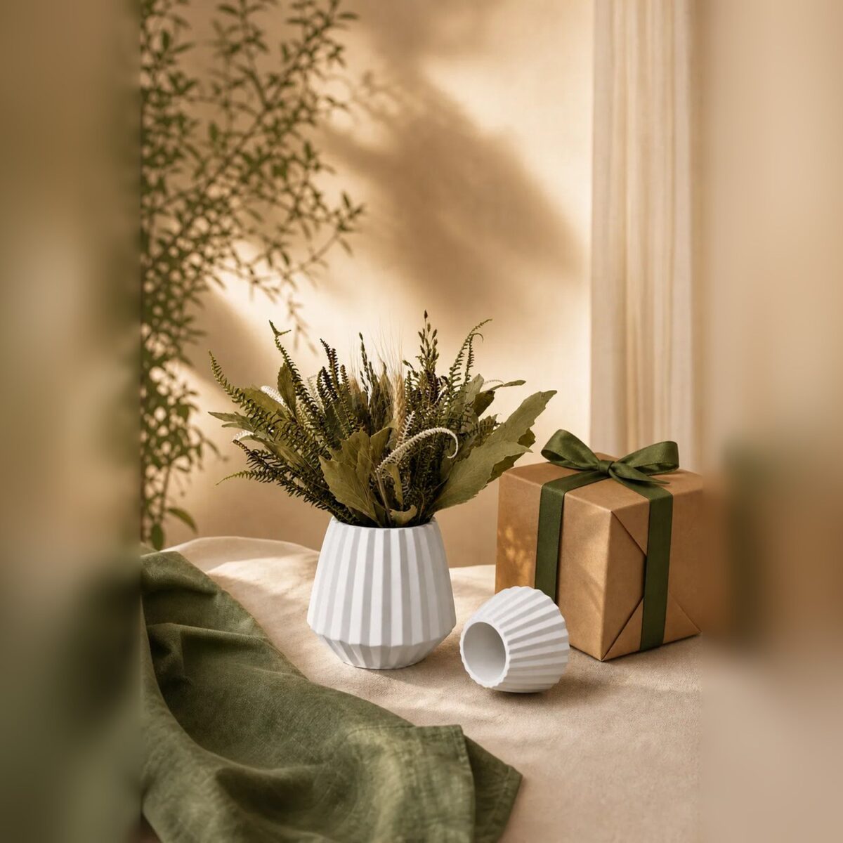 Buquê de Flores Secas com Vaso de Cimento Branco