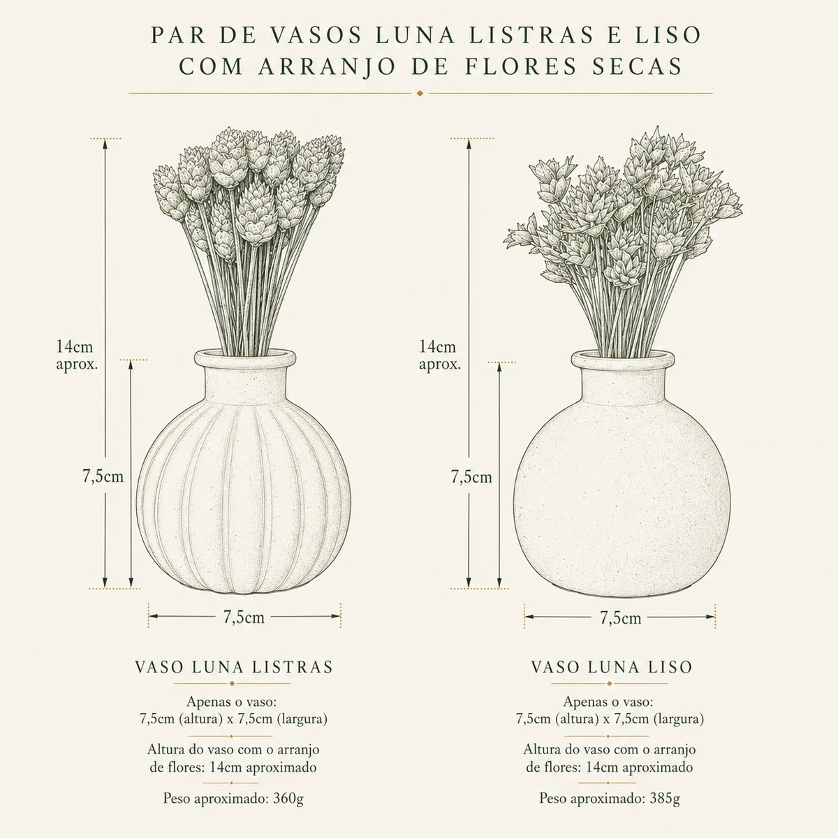 Par de Vasos Luna com Arranjos de Flores Secas