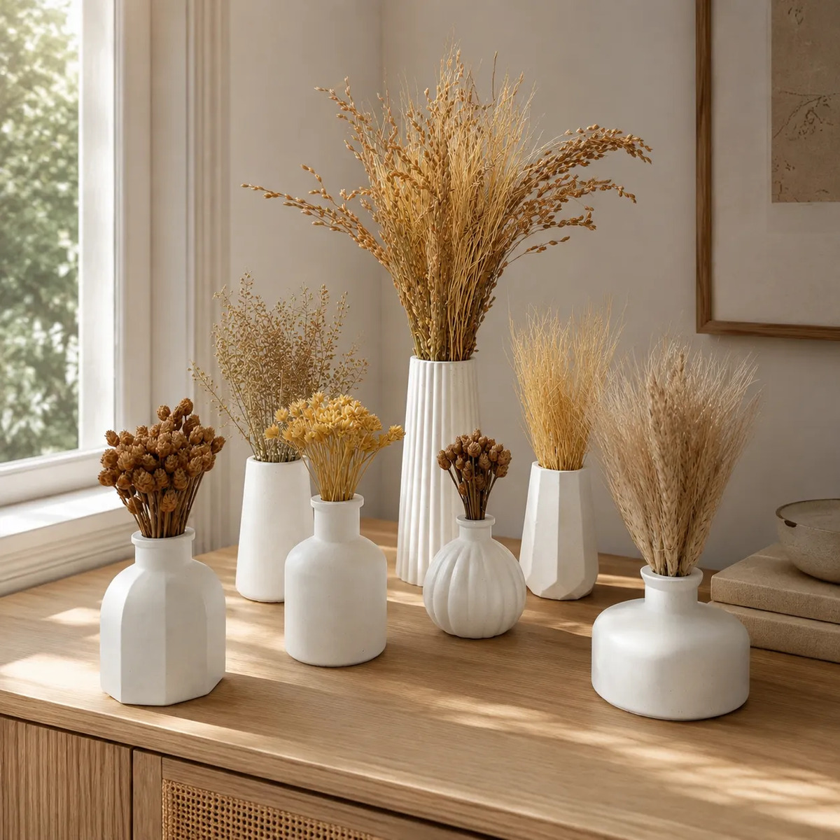 Conjunto Oásis 7 Peças: Vasos com Arranjos de Flores Secas