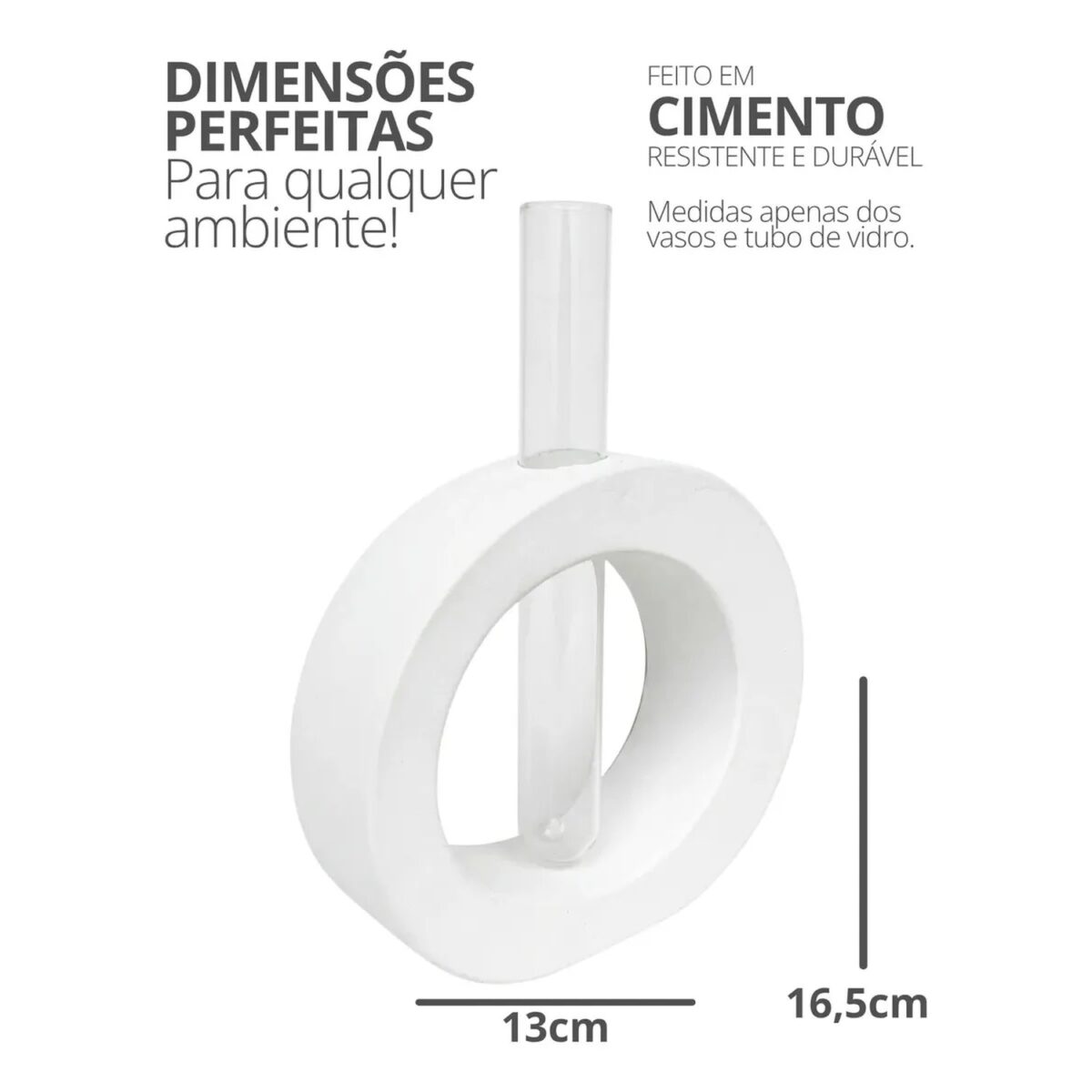 Vaso Solitário Redondo de Cimento Branco com Tubo de Vidro