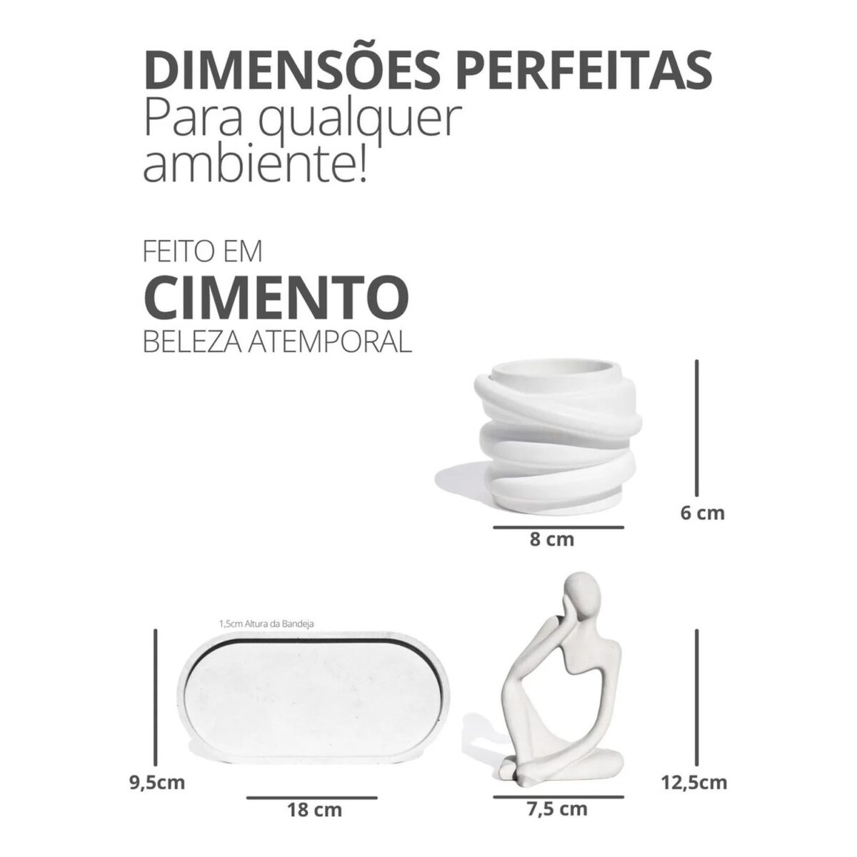 Conjunto Decorativo Pensadora com Vaso e Bandeja em Cimento Branco